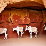 **Laas Geel Cave Paintings:** Ancient cave paintings in Laas Geel, Somaliland. Focus on the Neolithic art depicting cows, giraffes, and human figures. Capture the reddish hues of the rock and the faded details of the artwork. Include a sense of depth and the rough texture of the cave walls. Style: Documentary photography, ancient art.