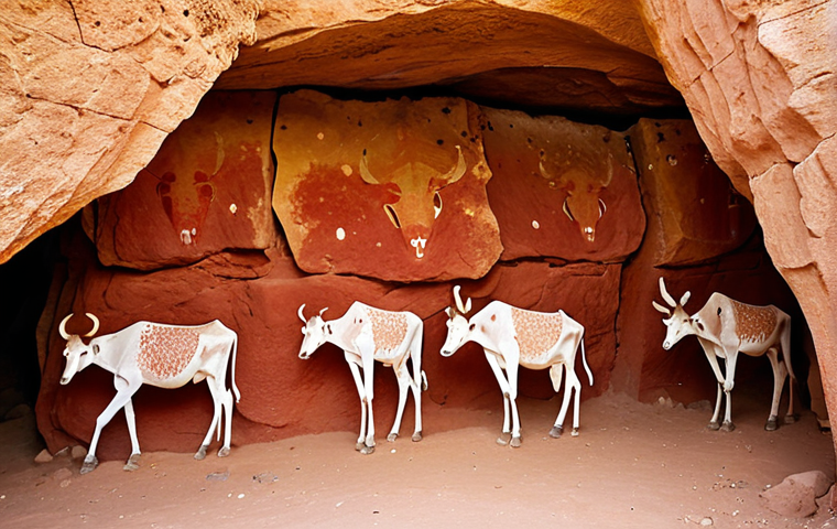 **Laas Geel Cave Paintings:** Ancient cave paintings in Laas Geel, Somaliland. Focus on the Neolithic art depicting cows, giraffes, and human figures. Capture the reddish hues of the rock and the faded details of the artwork. Include a sense of depth and the rough texture of the cave walls. Style: Documentary photography, ancient art.