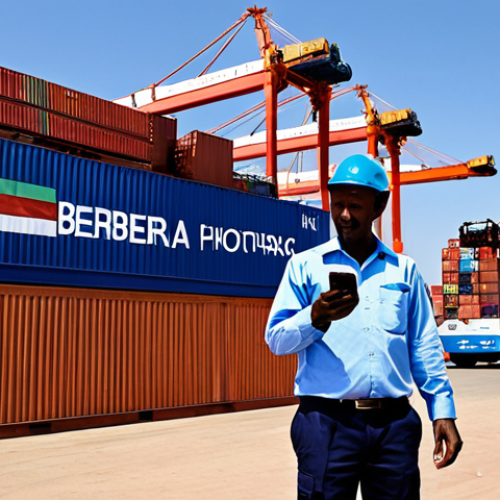 A bustling, modern port scene at Berbera, Somaliland, showcasing economic vitality. Professional dockworkers and logistics personnel are fully clothed in modest work uniforms, meticulously overseeing large cargo containers. A large container ship is docked under a clear sky, with cranes in operation. In the foreground, a professional man in a modest business shirt uses a smartphone, symbolizing modern mobile payment systems. The scene conveys efficiency and growth, safe for work, appropriate content, fully clothed, professional, perfect anatomy, correct proportions, natural pose, well-formed hands, proper finger count, natural body proportions, high-quality professional photography, detailed, realistic, sharp focus.