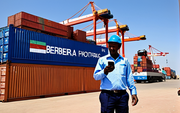 A bustling, modern port scene at Berbera, Somaliland, showcasing economic vitality. Professional dockworkers and logistics personnel are fully clothed in modest work uniforms, meticulously overseeing large cargo containers. A large container ship is docked under a clear sky, with cranes in operation. In the foreground, a professional man in a modest business shirt uses a smartphone, symbolizing modern mobile payment systems. The scene conveys efficiency and growth, safe for work, appropriate content, fully clothed, professional, perfect anatomy, correct proportions, natural pose, well-formed hands, proper finger count, natural body proportions, high-quality professional photography, detailed, realistic, sharp focus.