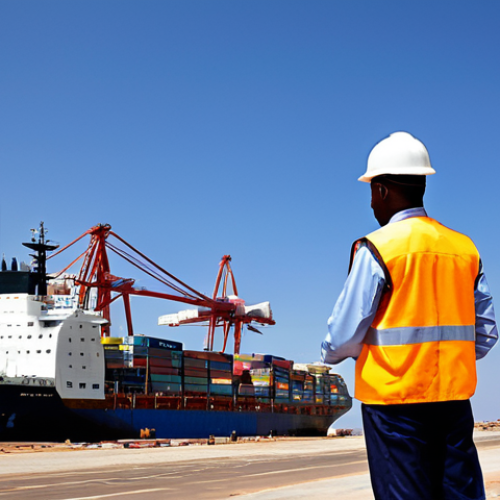 A wide-angle, professional photograph of a bustling, modern seaport at Berbera, Somaliland, under a clear sky. Large cargo ships are docked, with towering cranes actively loading and unloading containers. The port infrastructure is clean and well-maintained, indicating significant investment and development. In the foreground, a few professional port workers in safety vests and hard hats are observing operations, fully clothed, appropriate attire, modest. The scene captures the essence of economic growth and efficient trade. safe for work, appropriate content, professional, perfect anatomy, correct proportions, natural pose, well-formed hands, proper finger count, natural body proportions, high quality, commercial photography.