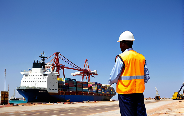 A wide-angle, professional photograph of a bustling, modern seaport at Berbera, Somaliland, under a clear sky. Large cargo ships are docked, with towering cranes actively loading and unloading containers. The port infrastructure is clean and well-maintained, indicating significant investment and development. In the foreground, a few professional port workers in safety vests and hard hats are observing operations, fully clothed, appropriate attire, modest. The scene captures the essence of economic growth and efficient trade. safe for work, appropriate content, professional, perfect anatomy, correct proportions, natural pose, well-formed hands, proper finger count, natural body proportions, high quality, commercial photography.