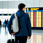 A professional male traveler, fully clothed in a modest, smart casual outfit including a light jacket, stands thoughtfully in a brightly lit, modern international airport terminal. He is observing a large digital departure board, with a piece of discreet luggage at his feet. The background shows blurred figures of other travelers and contemporary airport architecture, capturing the essence of global transit and meticulous travel planning. The image is well-composed with soft, inviting lighting. Perfect anatomy, correct proportions, natural pose, well-formed hands, proper finger count, natural body proportions, high-quality professional photography, safe for work, appropriate content, fully clothed, professional dress, family-friendly.