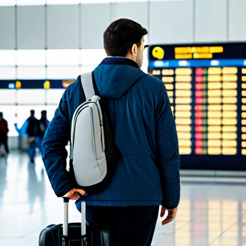 A professional male traveler, fully clothed in a modest, smart casual outfit including a light jacket, stands thoughtfully in a brightly lit, modern international airport terminal. He is observing a large digital departure board, with a piece of discreet luggage at his feet. The background shows blurred figures of other travelers and contemporary airport architecture, capturing the essence of global transit and meticulous travel planning. The image is well-composed with soft, inviting lighting. Perfect anatomy, correct proportions, natural pose, well-formed hands, proper finger count, natural body proportions, high-quality professional photography, safe for work, appropriate content, fully clothed, professional dress, family-friendly.