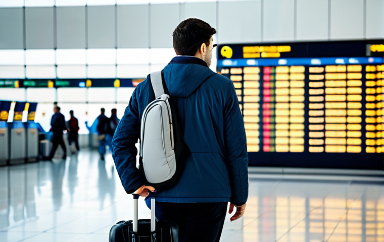 A professional male traveler, fully clothed in a modest, smart casual outfit including a light jacket, stands thoughtfully in a brightly lit, modern international airport terminal. He is observing a large digital departure board, with a piece of discreet luggage at his feet. The background shows blurred figures of other travelers and contemporary airport architecture, capturing the essence of global transit and meticulous travel planning. The image is well-composed with soft, inviting lighting. Perfect anatomy, correct proportions, natural pose, well-formed hands, proper finger count, natural body proportions, high-quality professional photography, safe for work, appropriate content, fully clothed, professional dress, family-friendly.