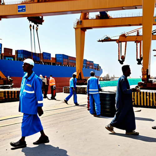 Berbera Port Activity**

"Bustling Berbera port in Somaliland, cargo ships unloading, fully clothed dockworkers in appropriate attire, containers being moved by cranes, safe for work, realistic, professional photography, perfect anatomy, natural proportions, sunny day, modest activity, logistics hub."

**