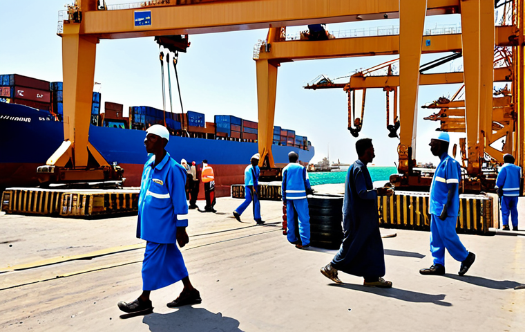 Berbera Port Activity**
"Bustling Berbera port in Somaliland, cargo ships unloading, fully clothed dockworkers in appropriate attire, containers being moved by cranes, safe for work, realistic, professional photography, perfect anatomy, natural proportions, sunny day, modest activity, logistics hub."
**