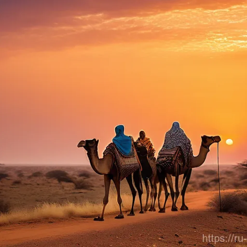 소말릴란드 예술가 인터뷰 - Nomadic Journey at Dusk**
* **Subject:** A serene depiction of a small family of Somaliland nomad...
