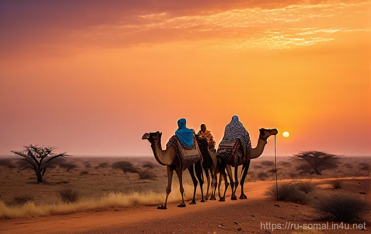 소말릴란드 예술가 인터뷰 - Nomadic Journey at Dusk**
* **Subject:** A serene depiction of a small family of Somaliland nomad...