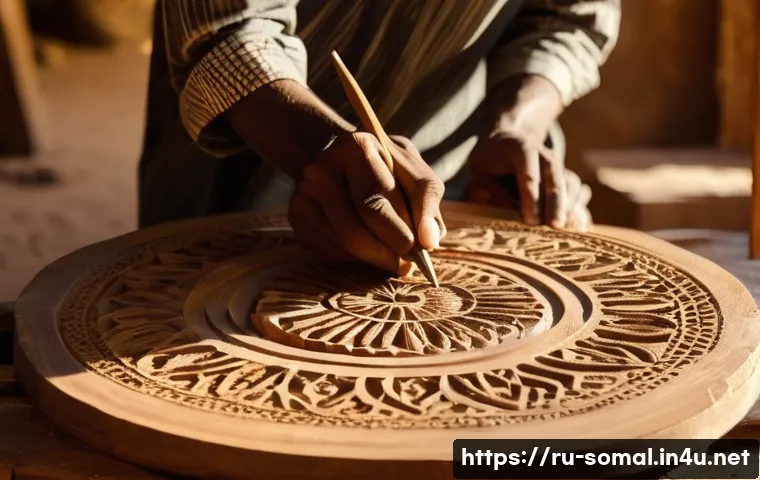 소말릴란드의 비공식 기념품 시장 - "A skilled Somaliland artisan, fully clothed in modest traditional attire, meticulously hand-carving...