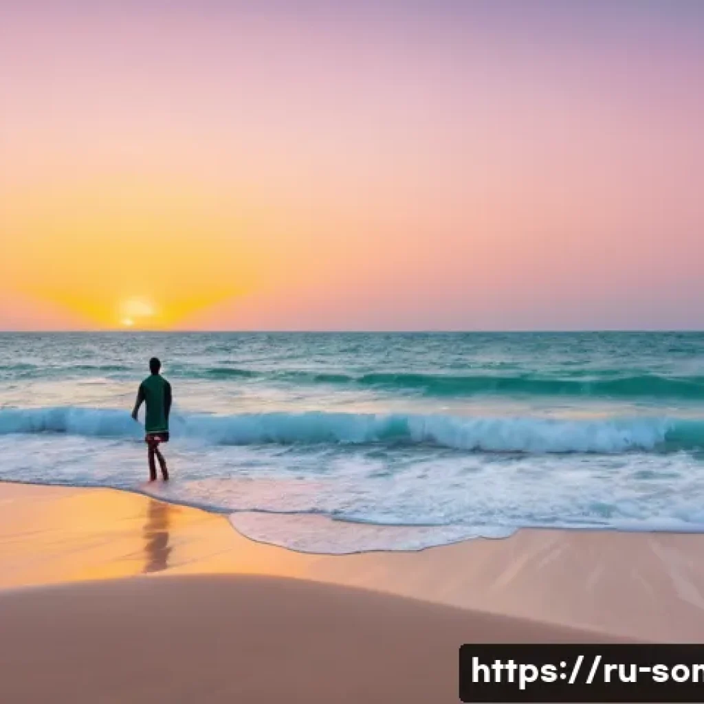 소말릴란드 해안 도시 탐방 - A wide, pristine beach in Berbera, Somaliland, at sunrise. The turquoise water gently laps against t...