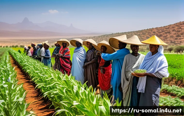소말릴란드 경제 성장 가능성 - A vibrant agricultural landscape in Somaliland showcasing diverse crops such as sorghum, maize, vege...