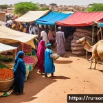 소말릴란드 소말리아 국경 상황 - A detailed scene of a bustling informal market in Somaliland near the border with Somalia, showcasin...