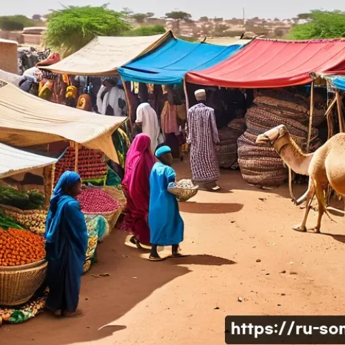 소말릴란드 소말리아 국경 상황 - A detailed scene of a bustling informal market in Somaliland near the border with Somalia, showcasin...
