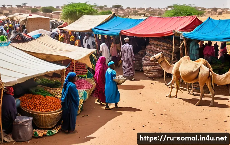 소말릴란드 소말리아 국경 상황 - A detailed scene of a bustling informal market in Somaliland near the border with Somalia, showcasin...