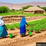 소말릴란드에서 자주 쓰이는 격언 - A vibrant village scene in Somaliland during a communal agricultural activity, showing diverse villa...