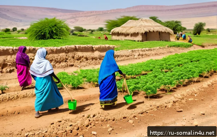 소말릴란드에서 자주 쓰이는 격언 - A vibrant village scene in Somaliland during a communal agricultural activity, showing diverse villa...