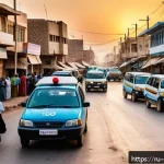 소말릴란드 주요 사건사고 사례 - A bustling urban street scene in Somaliland&rsquo;s capital with visible police patrols enforcing curfew d...