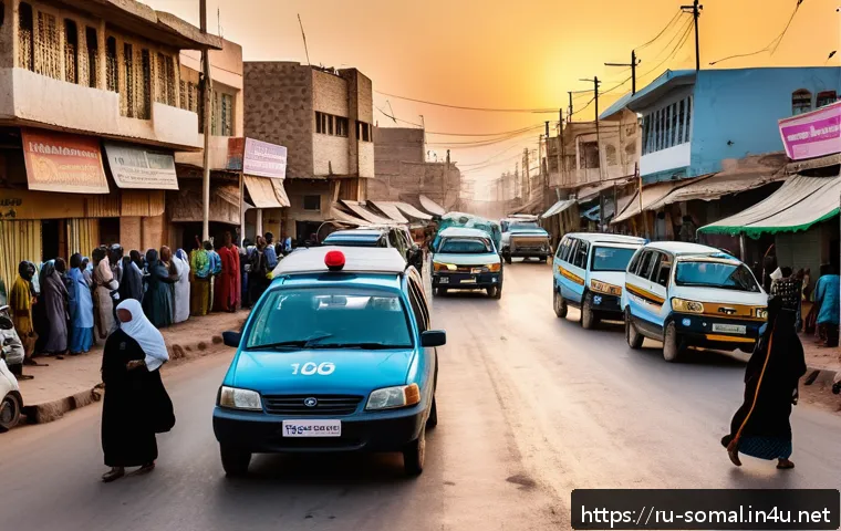 소말릴란드 주요 사건사고 사례 - A bustling urban street scene in Somaliland’s capital with visible police patrols enforcing curfew d...