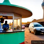 소말릴란드에서의 인터넷 연결 - Photorealistic documentary scene in Hargeisa, Somaliland, a young Somali entrepreneur using a smartp...