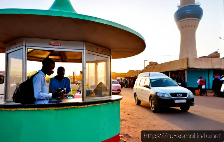 소말릴란드에서의 인터넷 연결 - Photorealistic documentary scene in Hargeisa, Somaliland, a young Somali entrepreneur using a smartp...